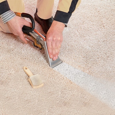 Pessoa a limpar tapete bege com máquina de limpeza e escova pequena