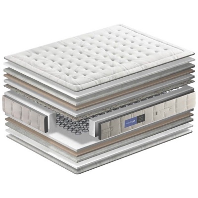 Colchão cortado ao meio mostrando várias camadas internas e etiqueta ONOFRE