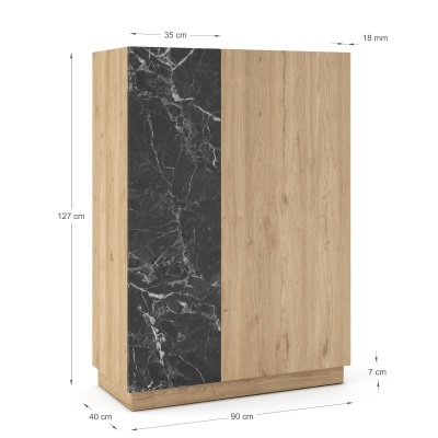 Armário madeira clara com painel preto de mármore e medidas