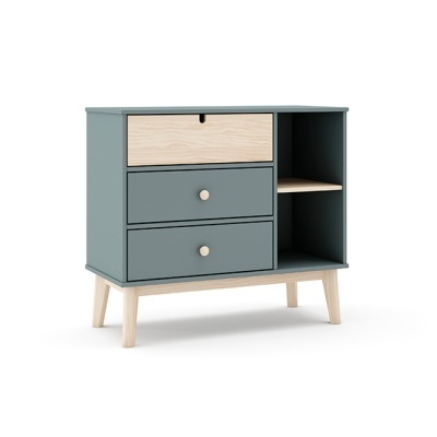 Móvel de apoio com gavetas e prateleira azul-esverdeado e madeira clara