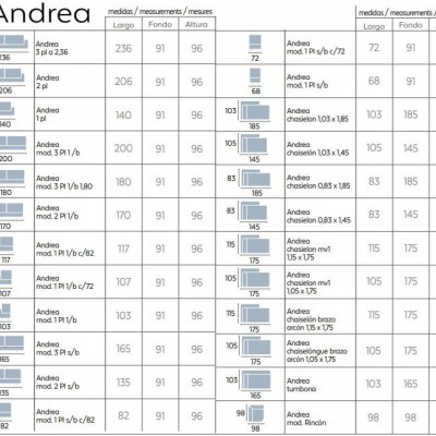 Tabela de medidas do produto Andrea com várias dimensões e especificações.
