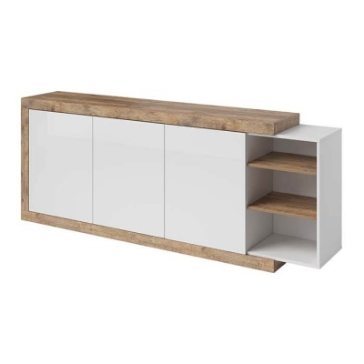 Aparador moderno em madeira castanha e portas brancas com prateleiras