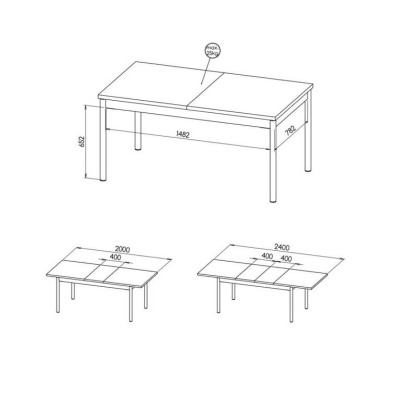 Desenho técnico de mesa extensível com medidas detalhadas