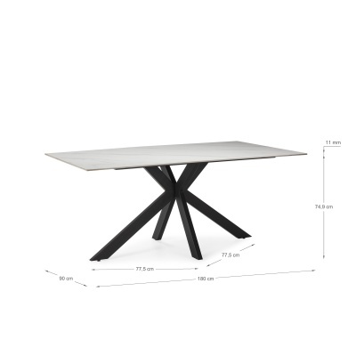 Mesa retangular com tampo branco e pés pretos em metal