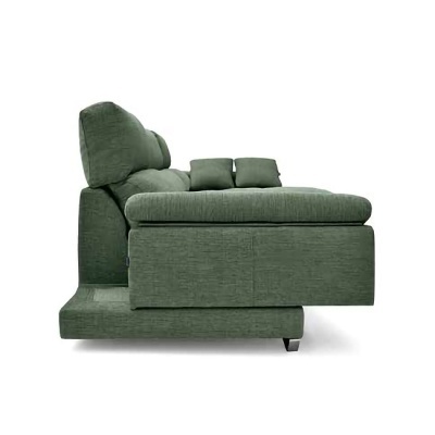 Sofá verde de tecido com almofadas e apoio de cabeça ajustável