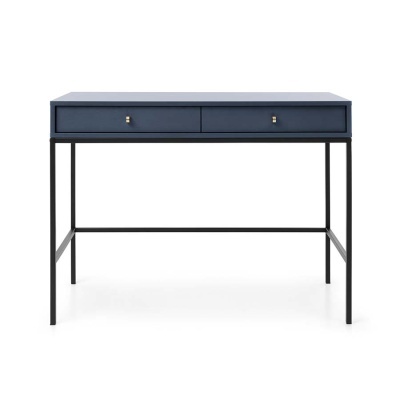 Secretária azul com gavetas e estrutura metálica preta
