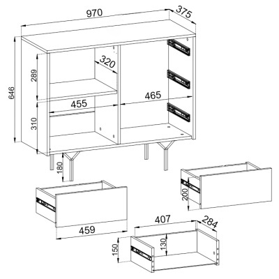 Desenho técnico de móvel em preto e branco com dimensões e gavetas destacadas