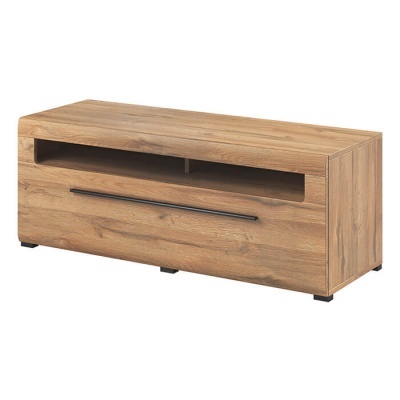 Móvel para sala de estar em madeira cor carvalho com gaveta e compartimento aberto