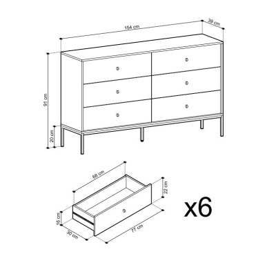 Móvel com 6 gavetas brancas e estrutura metálica preta com dimensões marcadas
