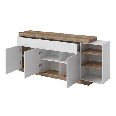 Móvel de madeira branco com portas e gavetas abertas