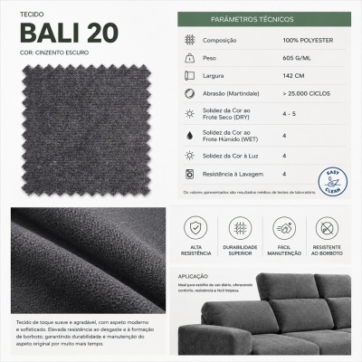 Amostra de tecido BALI 20 cinzento escuro com especificações técnicas e imagem de sofá