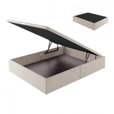 Base de cama com espaço de arrumação aberto e fechado, revestida a tecido bege e interior preto