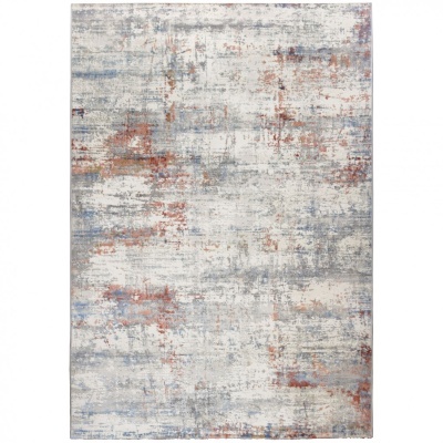 Tapete retangular abstrato em tons cinza, branco, azul e vermelho queimado