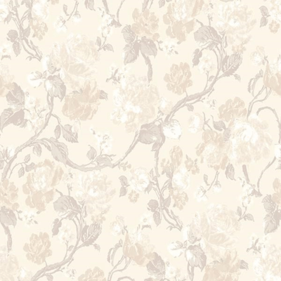 Papel de parede floral bege e castanho claro sobre fundo creme