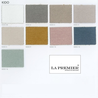 Amostras de tecido em várias cores com etiquetas KIDO e logotipo La Premier