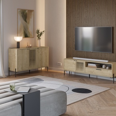 Sala de estar com móveis e decoração modernos em tons de madeira clara, cinzento e preto