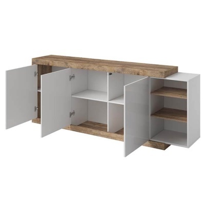 Aparador moderno com portas brancas e madeira clara, aberto a mostrar espaços internos