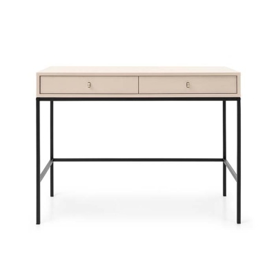 Secretária quadrada com tampo de madeira clara e estrutura metálica preta com gavetas