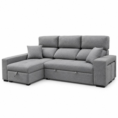 Sofá chaise-longue cinza de tecido com almofadas e apoios de braços
