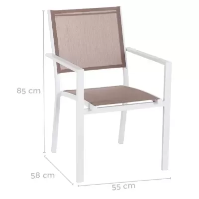 Cadeira branca com assento e encosto bege e medidas indicadas.