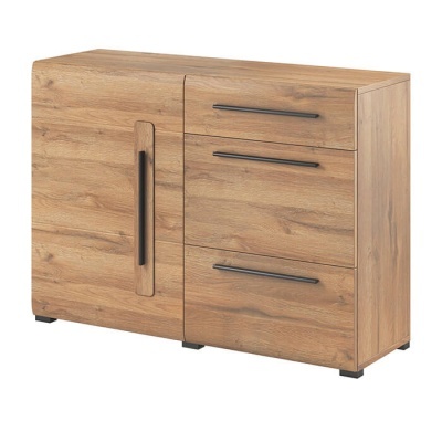 Móvel em madeira carvalho com porta e gavetas, puxadores pretos