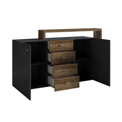 Aparador preto e madeira com portas e gavetas abertas