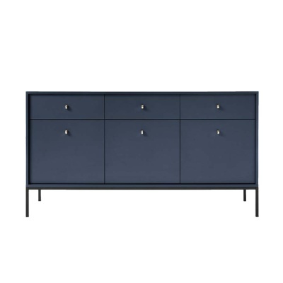 Aparador azul escuro com gavetas e portas, pernas metálicas pretas