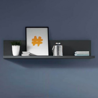 Prateleira cinzenta escura com planta, moldura com símbolo amarelo, jarro metálico e livros