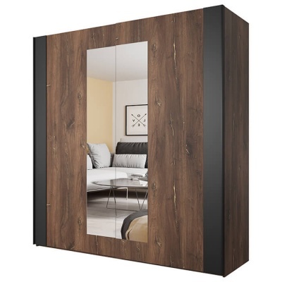 Roupeiro de madeira castanha com espelho e detalhes pretos