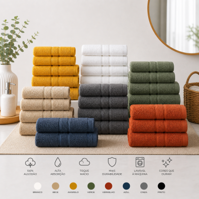 Conjunto de toalhas coloridas de algodão empilhadas em ambiente interior decorado