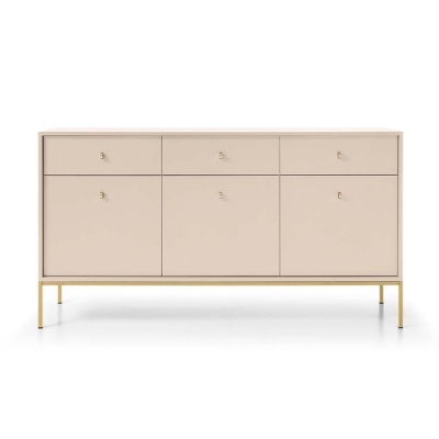 Aparador bege com gavetas e portas, pernas douradas, fundo branco