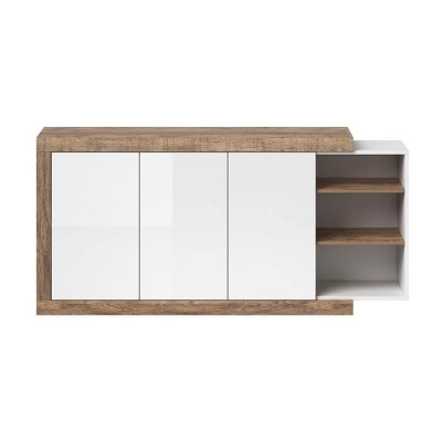 Móvel de parede branco com portas e prateleiras em madeira clara