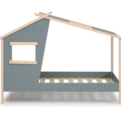 Cama infantil em madeira formato casinha cinzenta e natural