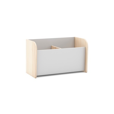 Organizador de secretária em madeira clara com painel cinza e divisórias internas