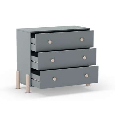 Cômoda cinza com três gavetas e pés de madeira clara