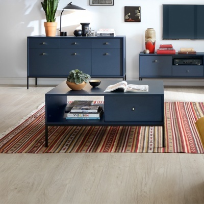 Mesa de centro azul com vaso de plantas e livro numa manta listrada, com armários azuis ao fundo