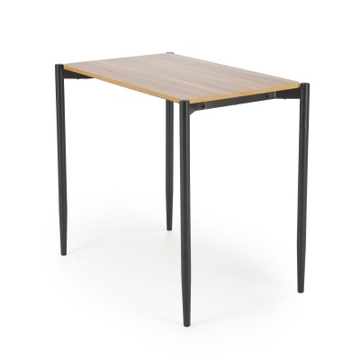 Mesa retangular de madeira clara com pernas metálicas pretas