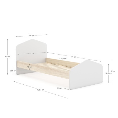 Cama infantil de madeira branca com ripas e cabeceira arredondada em imagem técnica com medidas