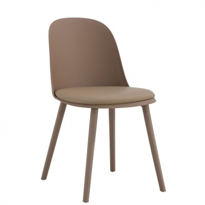 Cadeira moderna bege com estrutura castanha de metal e assento acolchoado.
