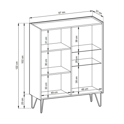 Desenho técnico de móvel aparador com dimensões em centímetros