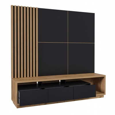 Móvel para TV moderno em madeira clara com painéis pretos e ripas verticais