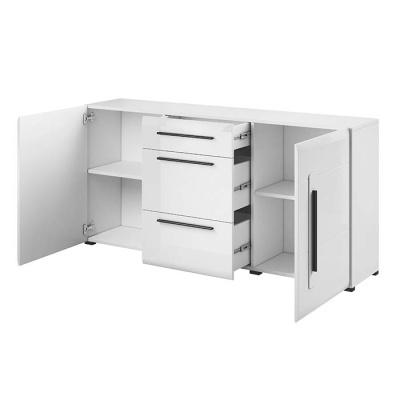 Aparador branco com gavetas e prateleiras internas aberto