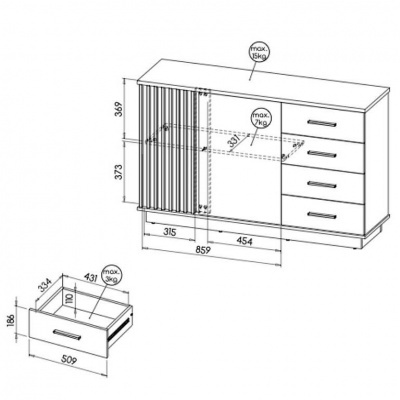 Desenho técnico de móvel com gavetas e porta, com dimensões e indicações de peso máximo.