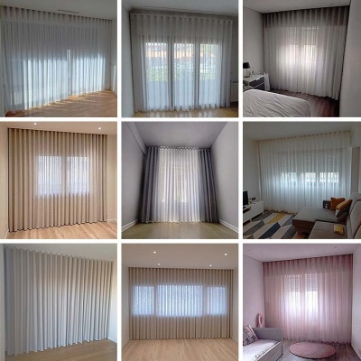 Nove imagens de diferentes cortinas em várias cores e texturas, instaladas em ambientes domésticos.