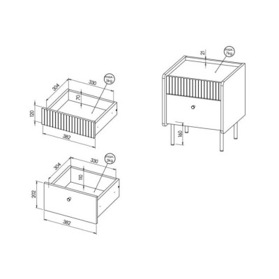 Desenho técnico em preto e branco de uma mesa de cabeceira com cotas e capacidade de carga