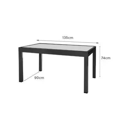 Mesa moderna preta com tampo de vidro e dimensões indicadas