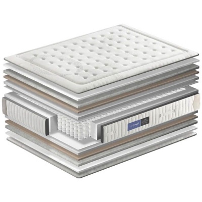 Colchão desmontado mostrando camadas internas e etiqueta azul orthopaedic