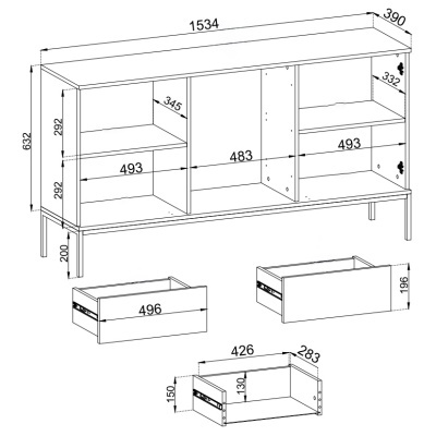 Desenho técnico de móvel com gavetas e prateleiras, dimensões em milímetros.