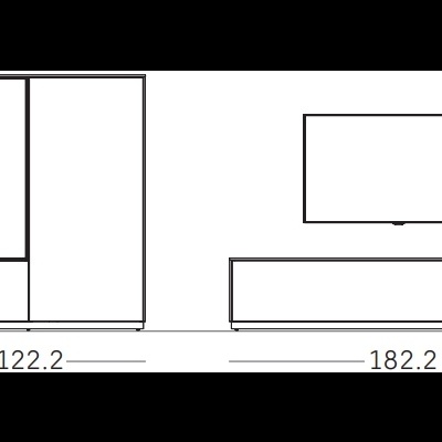 Desenho técnico a preto e branco de móveis com medidas em centímetros.