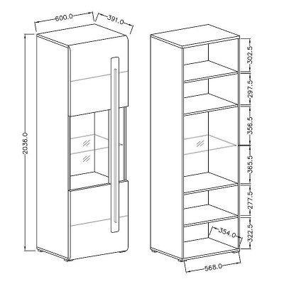 Desenho técnico de armário alto com prateleiras e porta de vidro com dimensões em milímetros